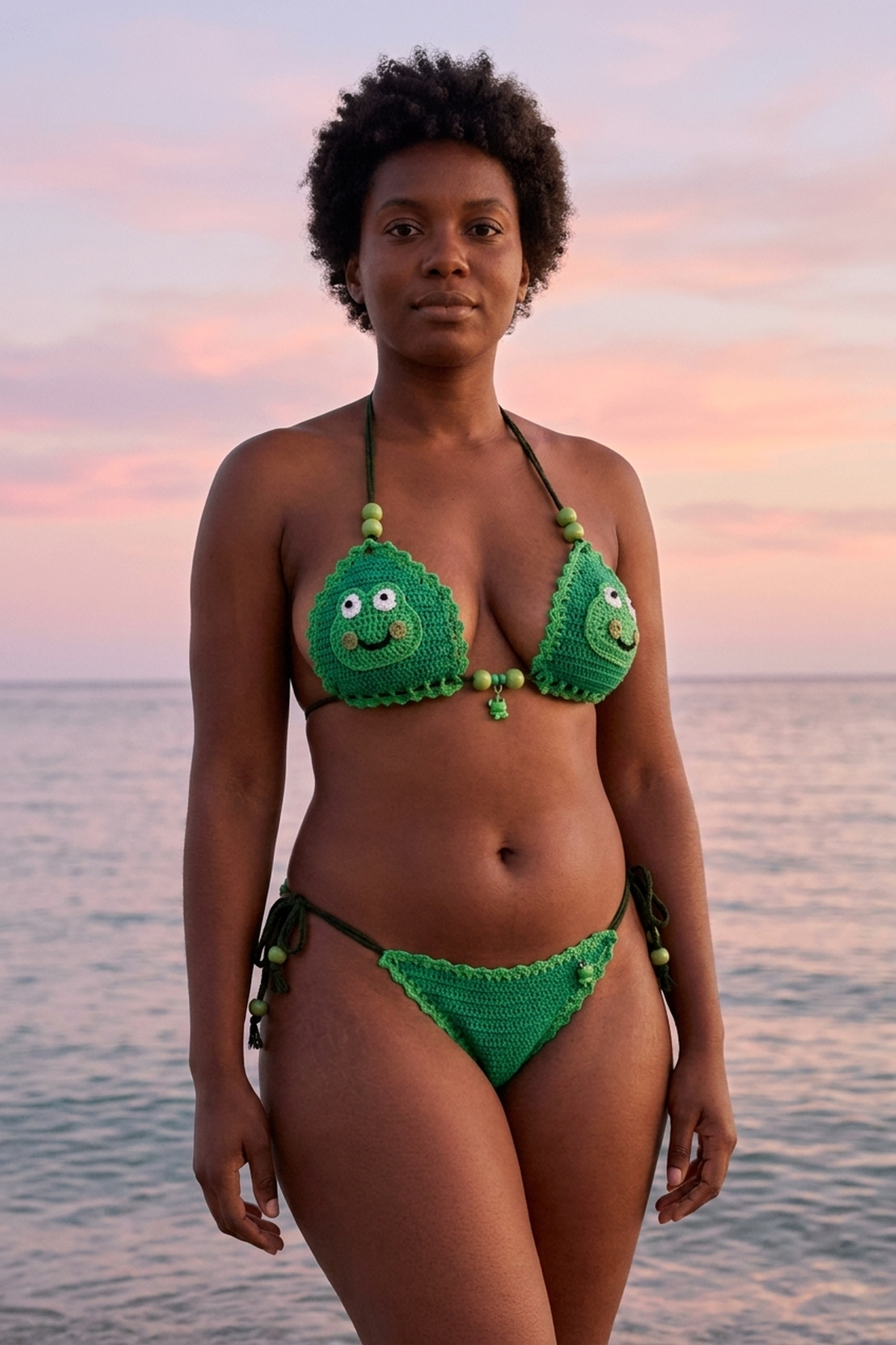 My Princess crochet bikini on a curvy model, front view - RA LIVING, handmade in Switzerland