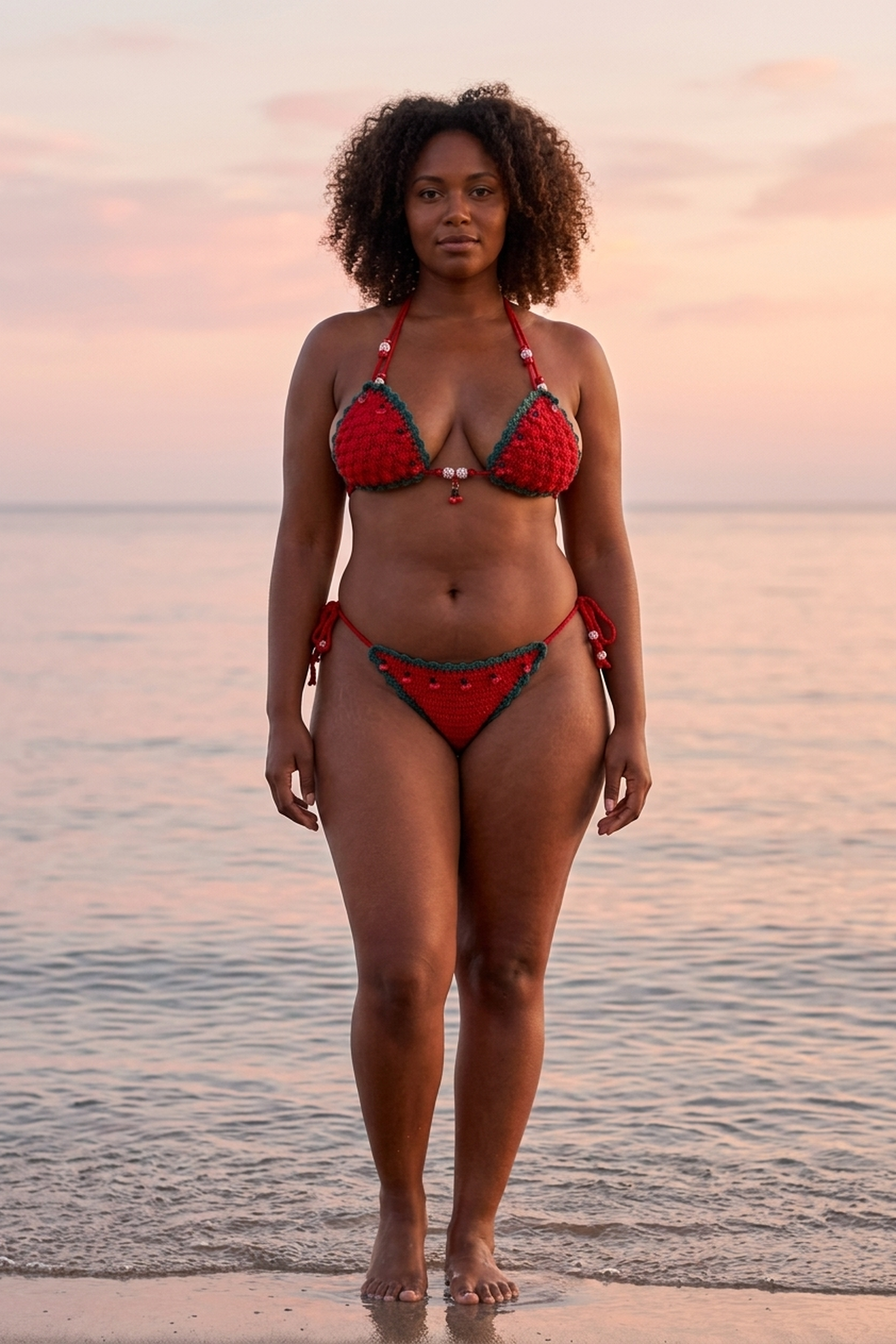 Oh Cherry crochet bikini on a curvy model, front view - RA LIVING, handmade in Switzerland