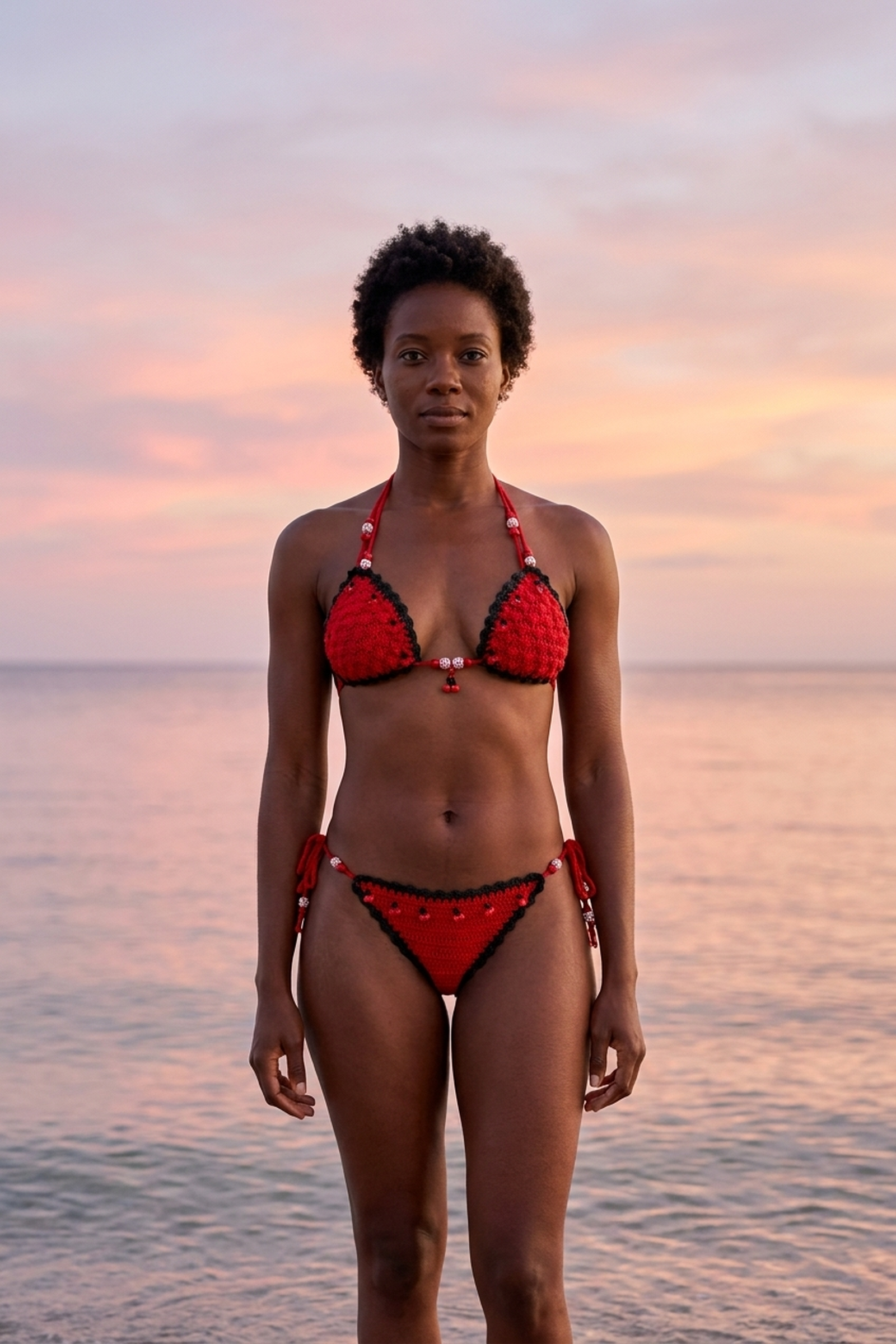 Oh Cherry crochet bikini on model, front view - RA LIVING, handmade in Switzerland