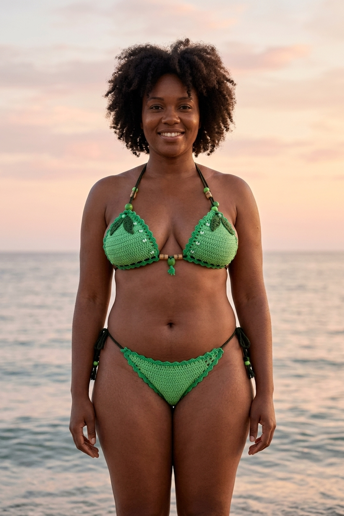 Pear O'Clock crochet bikini on a curvy model, front view - RA LIVING, handmade in Switzerland