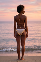 Popcorn crochet bikini on a model, back view - RA LIVING, handmade in Switzerland