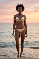 Popcorn crochet bikini on a model, front view - RA LIVING, handmade in Switzerland