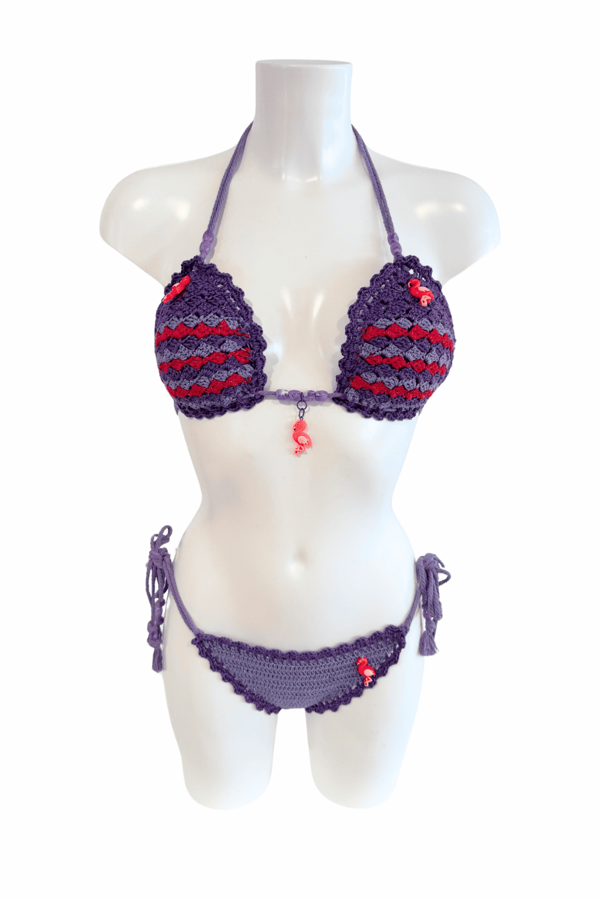 Violet Flamingo luxury crochet bikini, designed and handmade in Switzerland by RA LIVING – exclusive designer beachwear and swimwear for a stylish summer look.