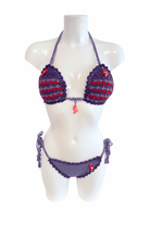Violet Flamingo luxury crochet bikini, designed and handmade in Switzerland by RA LIVING – exclusive designer beachwear and swimwear for a stylish summer look.