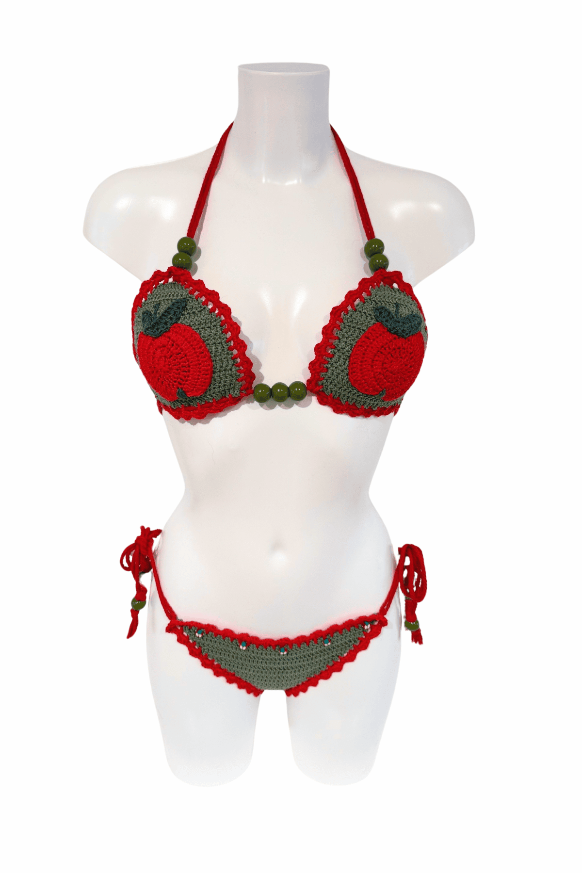 Green Red Apple luxury crochet bikini, designed and handmade in Switzerland by RA LIVING – exclusive designer beachwear and swimwear for a stylish summer look.