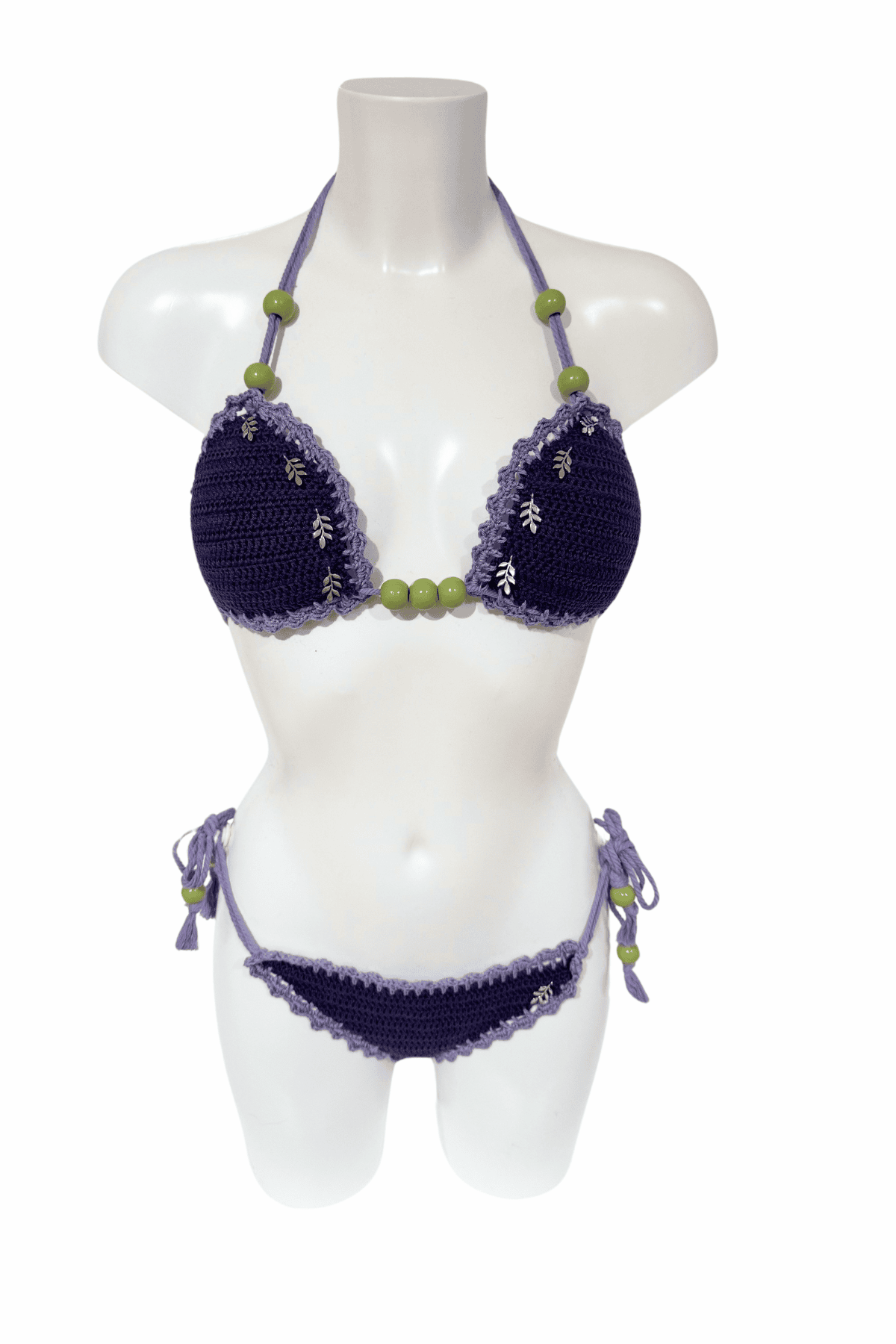 Violet luxury crochet bikini, designed and handmade in Switzerland by RA LIVING – exclusive designer beachwear and swimwear for a stylish summer look.