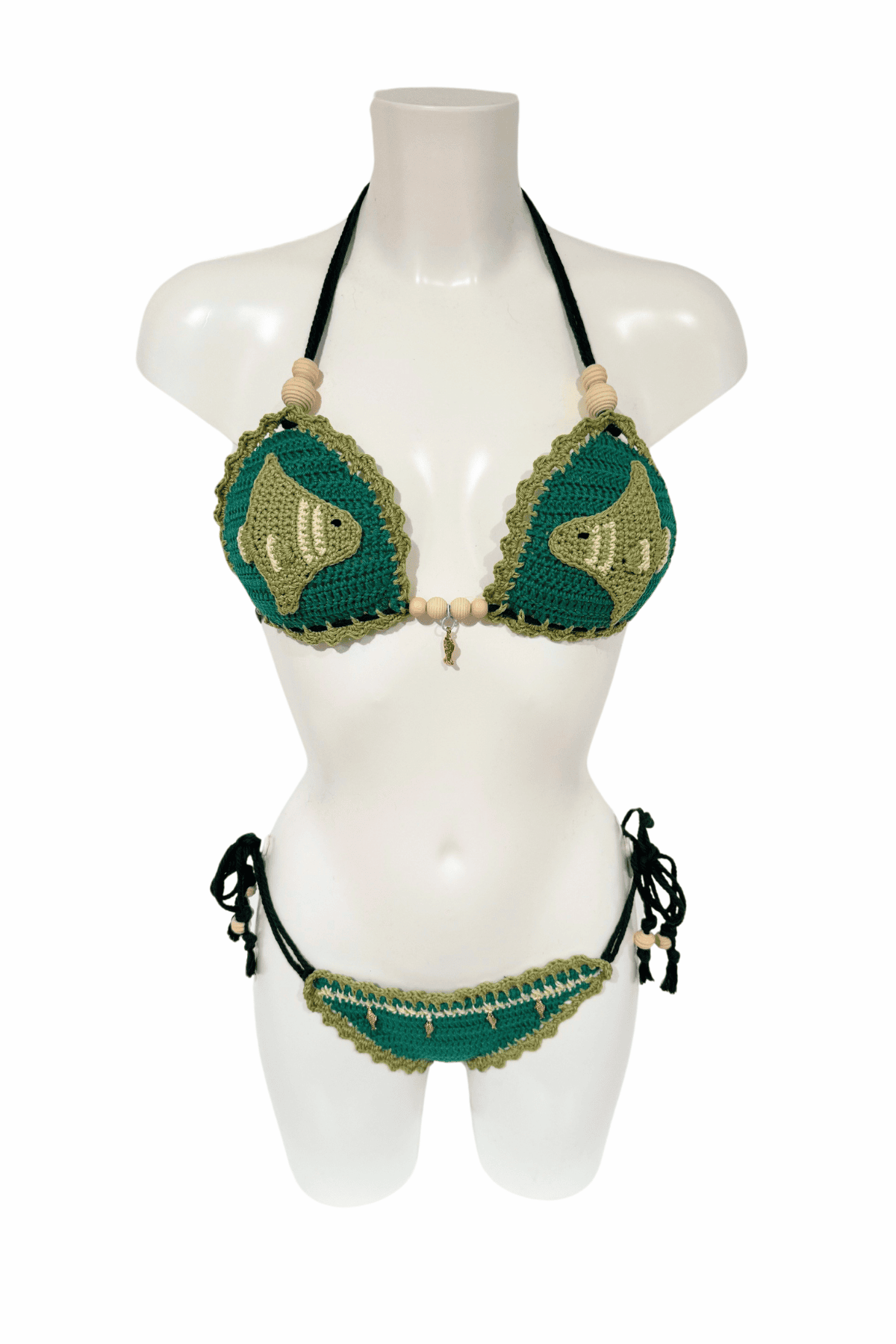 Green Fish luxury crochet bikini, designed and handmade in Switzerland by RA LIVING – exclusive designer beachwear and swimwear for a stylish summer look.