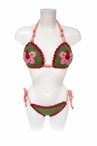 Green Pink Butterfly luxury crochet bikini, designed and handmade in Switzerland by RA LIVING – exclusive designer beachwear and swimwear for a stylish summer look.