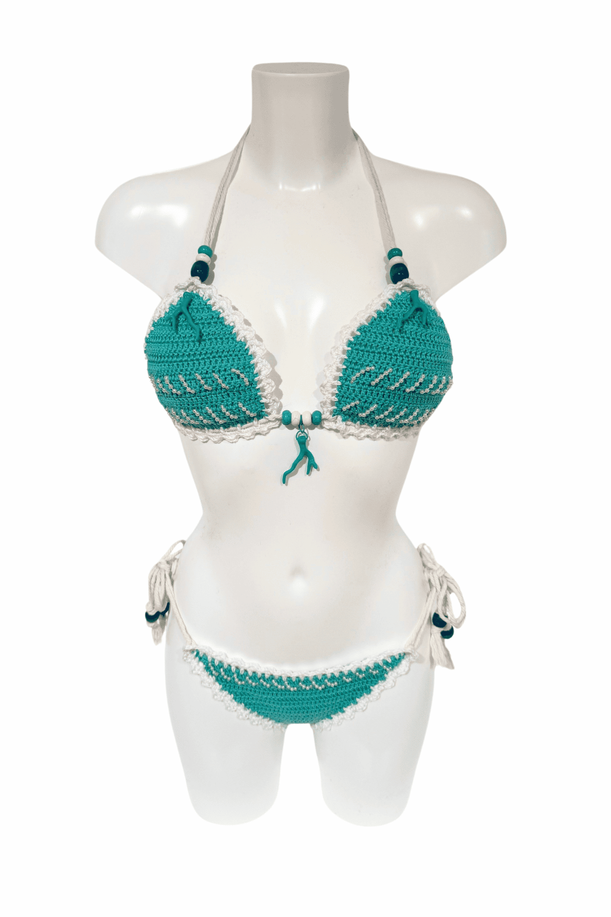 Blue Coral luxury crochet bikini, designed and handmade in Switzerland by RA LIVING – exclusive designer beachwear and swimwear for a stylish summer look.