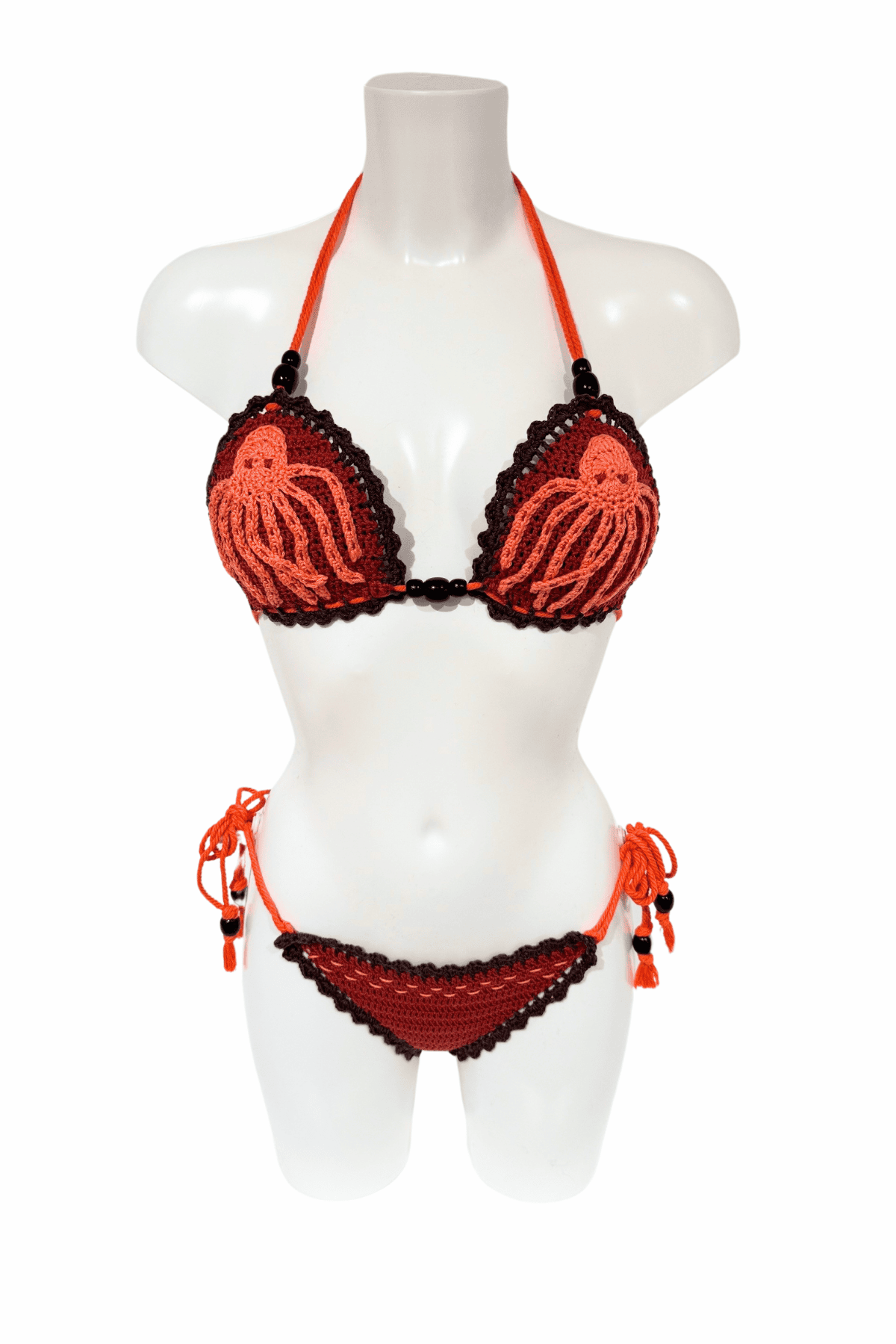 Orange Brown Octopus luxury crochet bikini, designed and handmade in Switzerland by RA LIVING – exclusive designer beachwear and swimwear for a stylish summer look.
