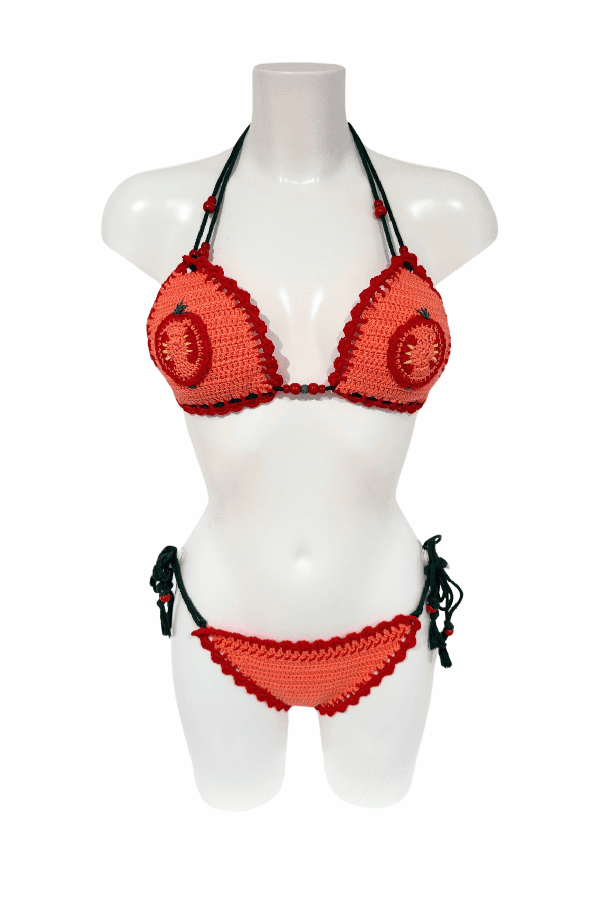 Red Orange Tomato luxury crochet bikini, designed and handmade in Switzerland by RA LIVING – exclusive designer beachwear and swimwear for a stylish summer look.