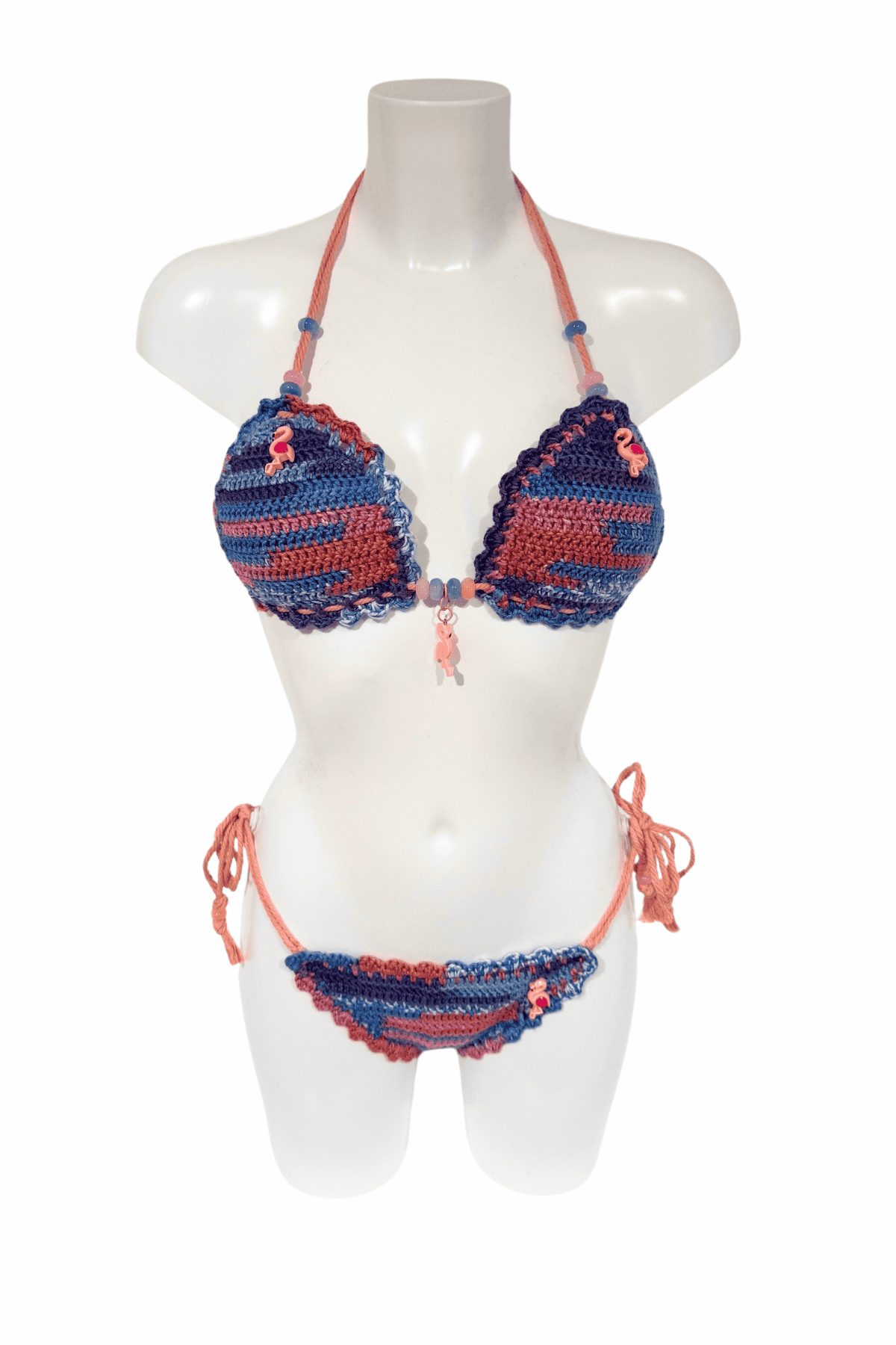 Flamingo luxury crochet bikini, designed and handmade in Switzerland by RA LIVING – exclusive designer beachwear and swimwear for a stylish summer look.