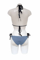Blue Pearl Shell luxury crochet bikini, designed and handmade in Switzerland by RA LIVING – exclusive designer beachwear and swimwear for a stylish summer look.