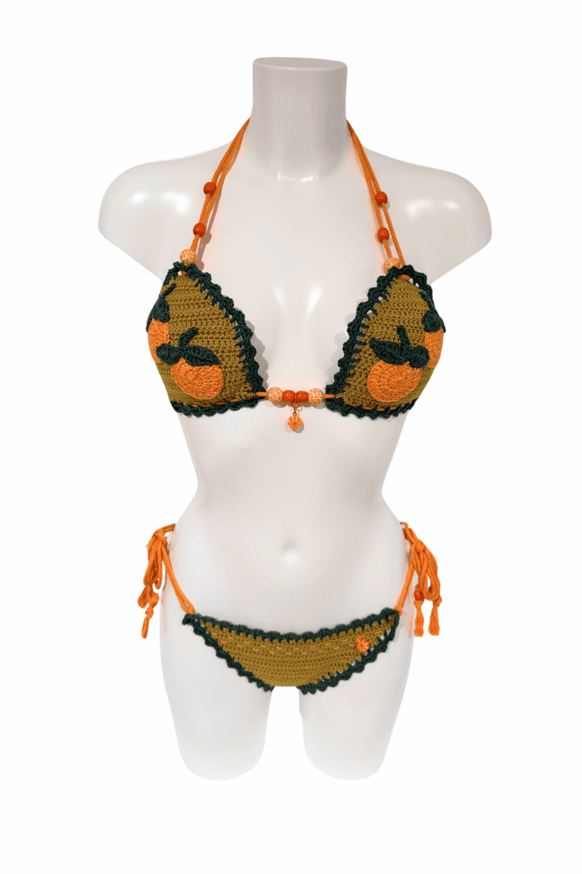 Orange Green Mandarin luxury crochet bikini, designed and handmade in Switzerland by RA LIVING – exclusive designer beachwear and swimwear for a stylish summer look.