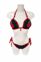 Green Red Strawberry luxury crochet bikini, designed and handmade in Switzerland by RA LIVING – exclusive designer beachwear and swimwear for a stylish summer look.