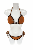 Brown Gold luxury crochet bikini, designed and handmade in Switzerland by RA LIVING – exclusive designer beachwear and swimwear for a stylish summer look.