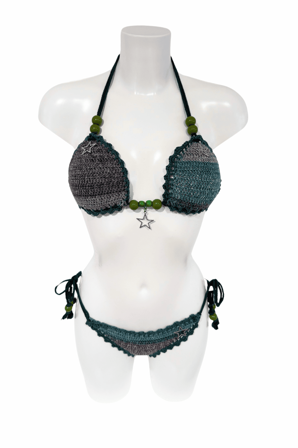 Grey Blue luxury crochet bikini, designed and handmade in Switzerland by RA LIVING – exclusive designer beachwear and swimwear for a stylish summer look.