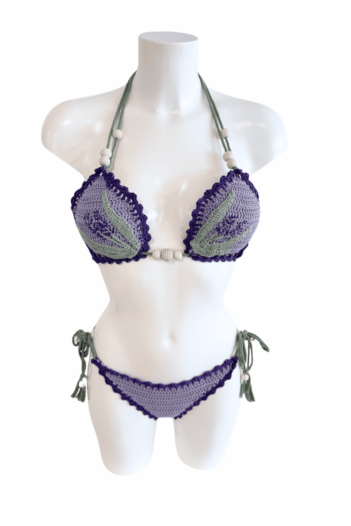 Lavender luxury crochet bikini, designed and handmade in Switzerland by RA LIVING – exclusive designer beachwear and swimwear for a stylish summer look.
