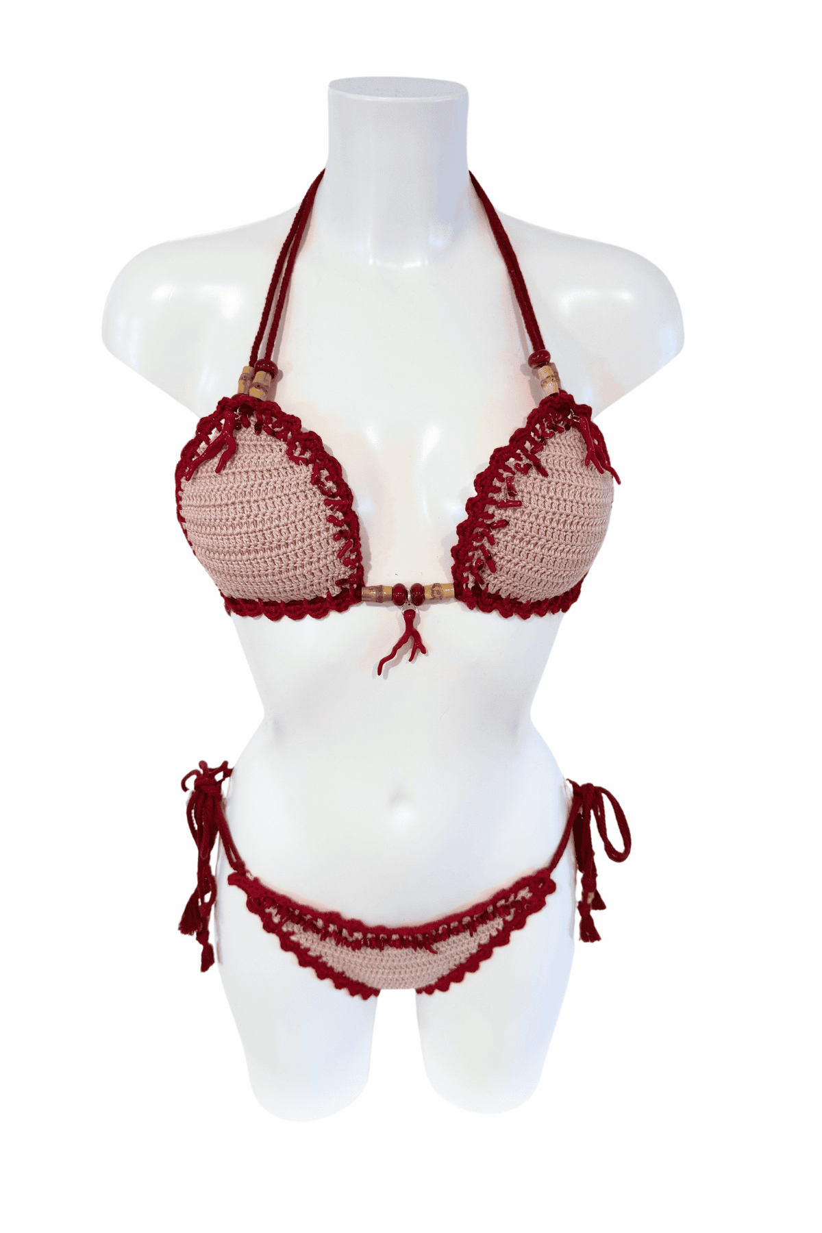 Red Coral luxury crochet bikini, designed and handmade in Switzerland by RA LIVING – exclusive designer beachwear and swimwear for a stylish summer look.