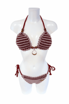 Bordeaux Striped luxury crochet bikini, designed and handmade in Switzerland by RA LIVING – exclusive designer beachwear and swimwear for a stylish summer look.