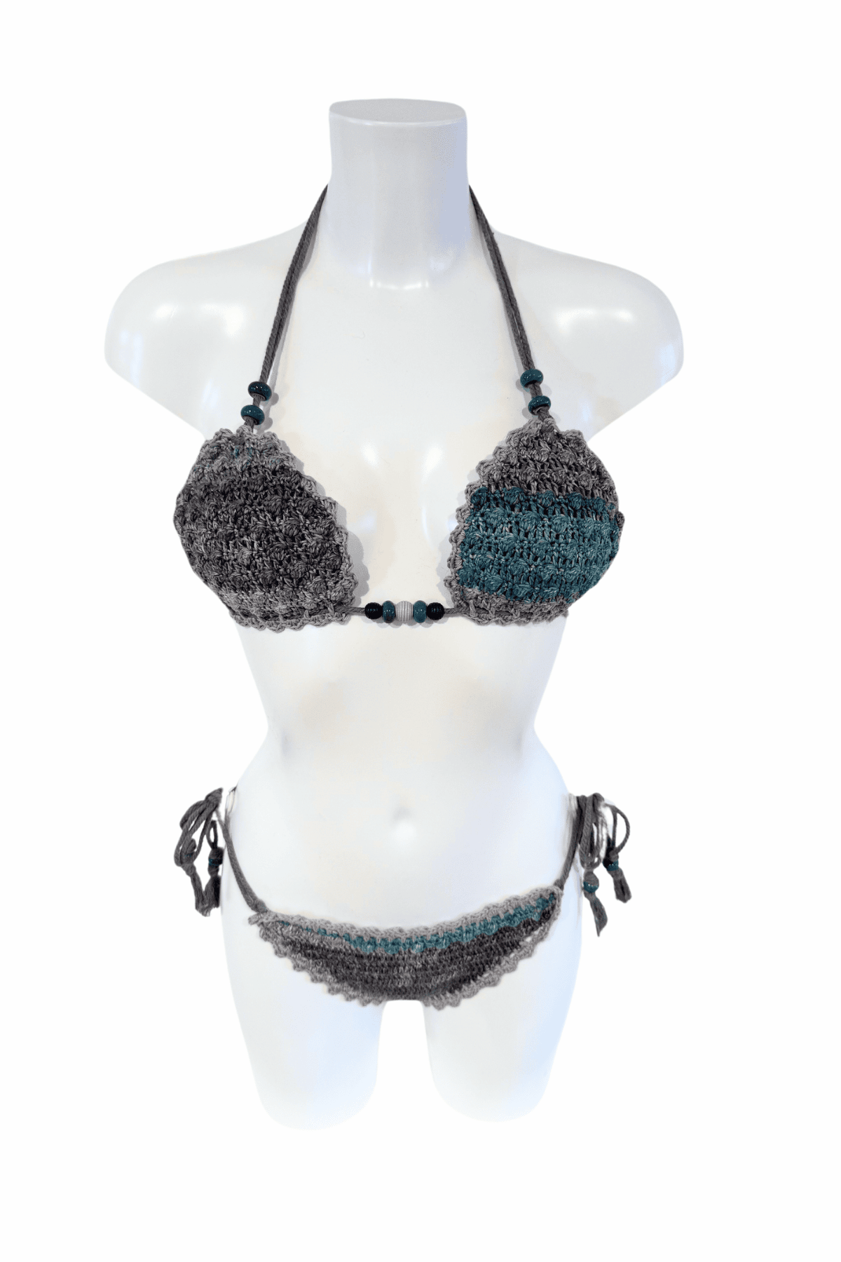Grey Blue luxury crochet bikini, designed and handmade in Switzerland by RA LIVING – exclusive designer beachwear and swimwear for a stylish summer look.