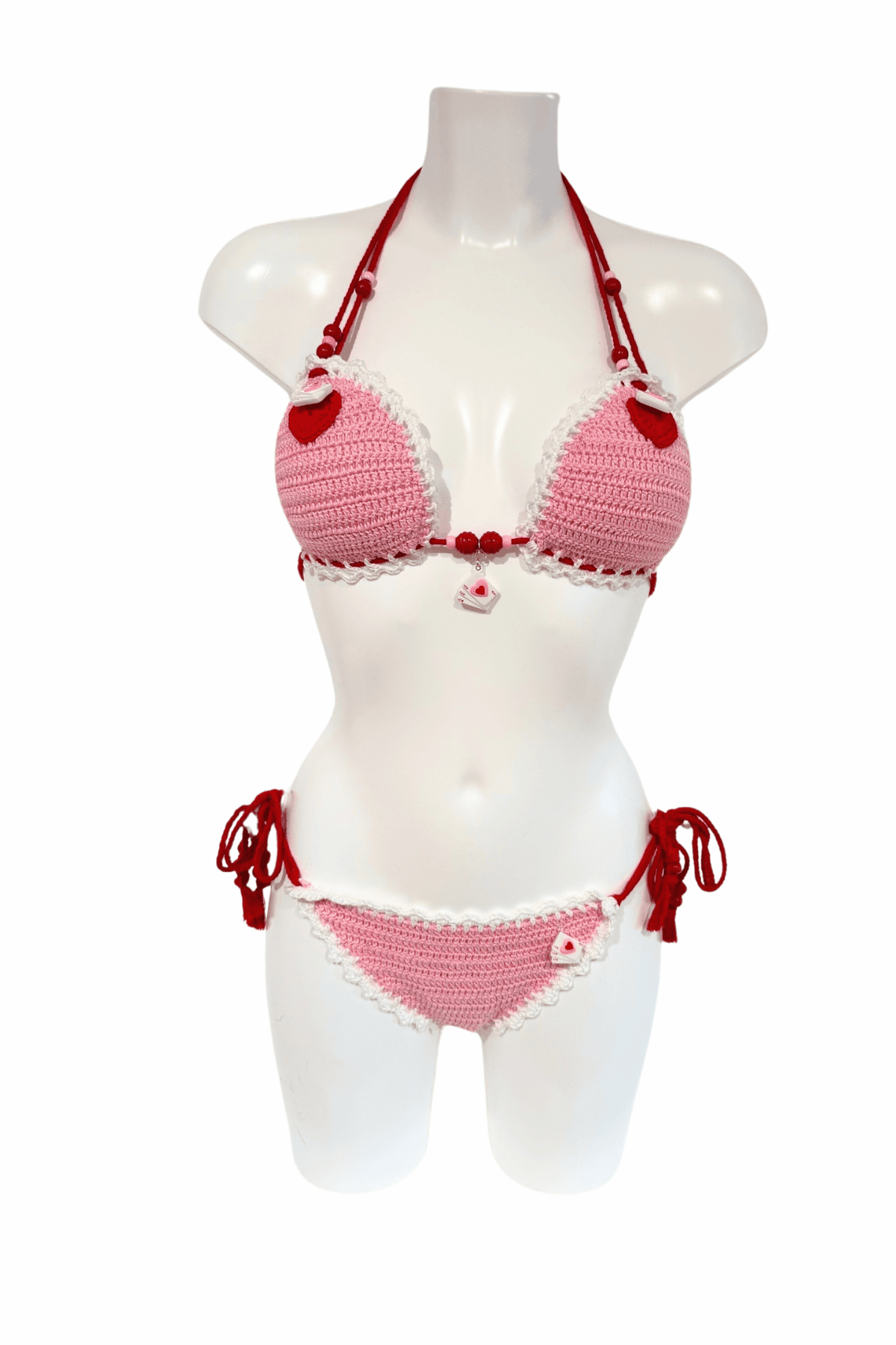 Pink Heart luxury crochet bikini, designed and handmade in Switzerland by RA LIVING – exclusive designer beachwear and swimwear for a stylish summer look.