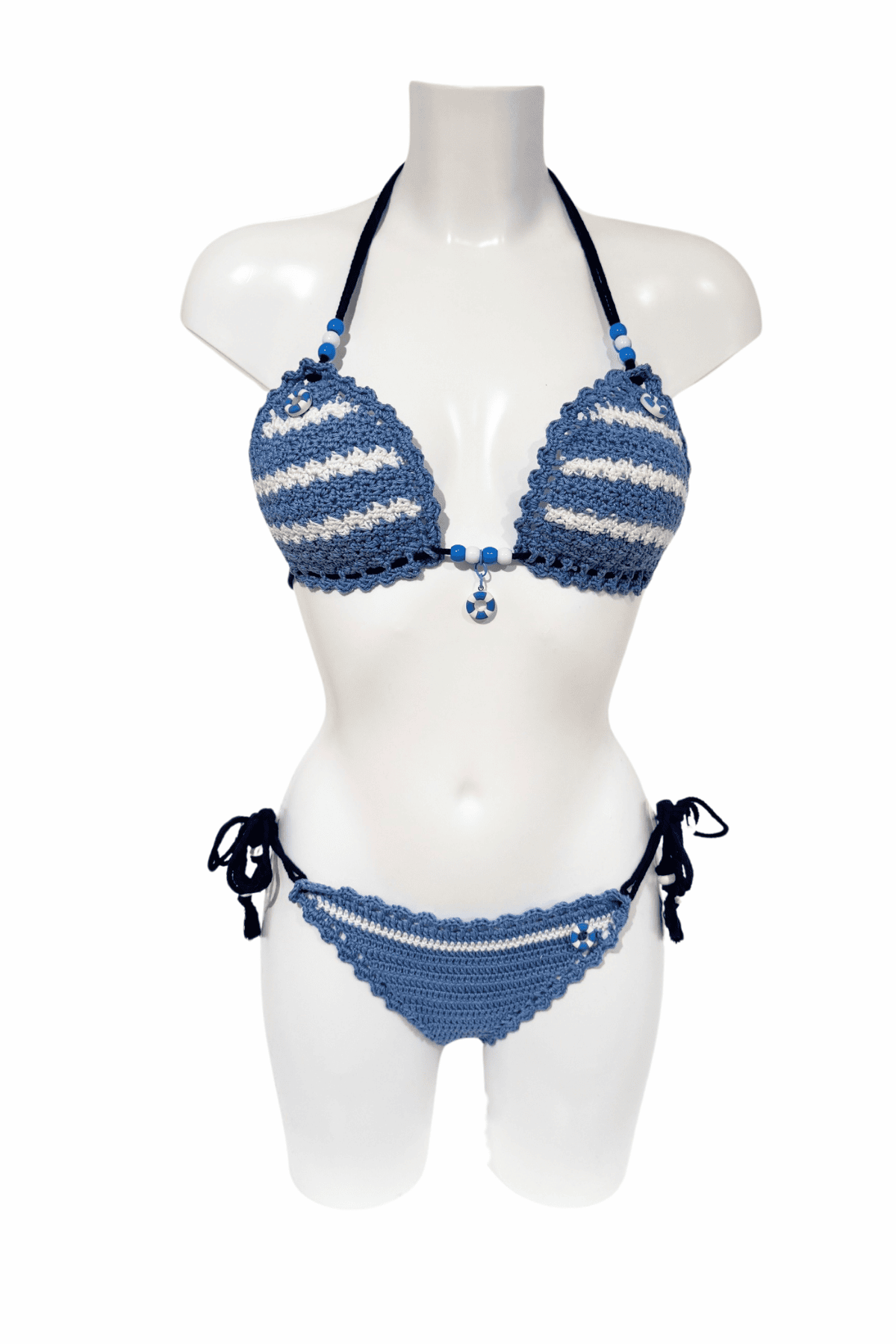 Blue White Nautical luxury crochet bikini, designed and handmade in Switzerland by RA LIVING – exclusive designer beachwear and swimwear for a stylish summer look.