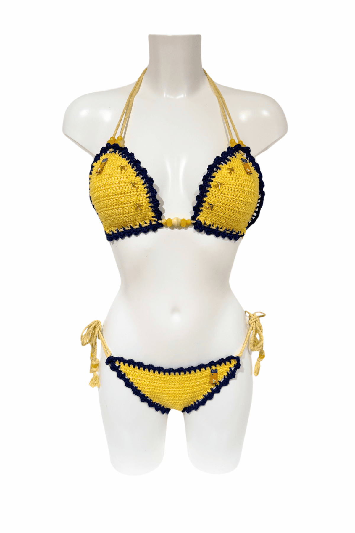Yellow Blue Airplane luxury crochet bikini, designed and handmade in Switzerland by RA LIVING – exclusive designer beachwear and swimwear for a stylish summer look.