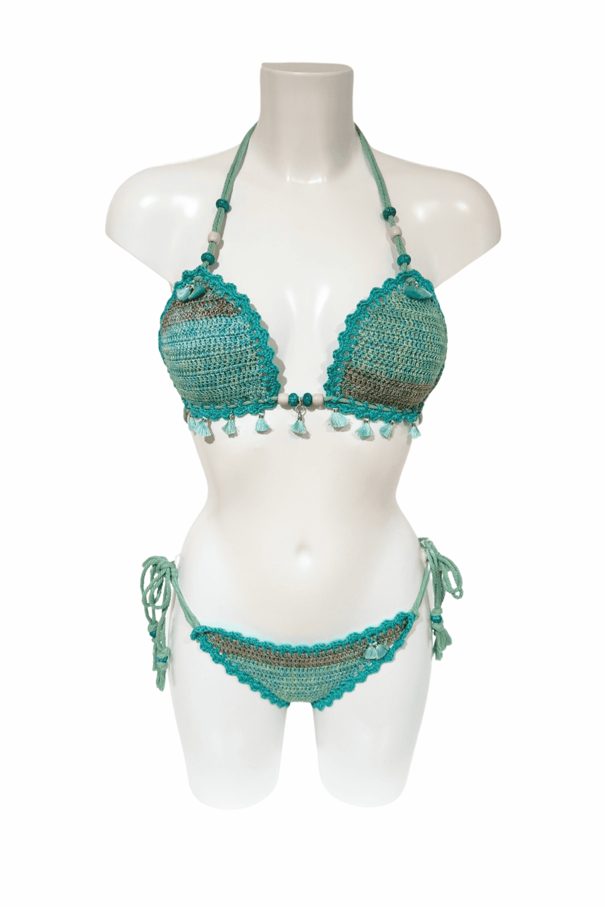 Mint Tassle luxury crochet bikini, designed and handmade in Switzerland by RA LIVING – exclusive designer beach and swimwear for a stylish summer look.
