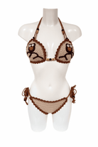 Brown Beige Owl luxury crochet bikini, designed and handmade in Switzerland by RA LIVING – exclusive designer beach and swimwear for a stylish summer look.