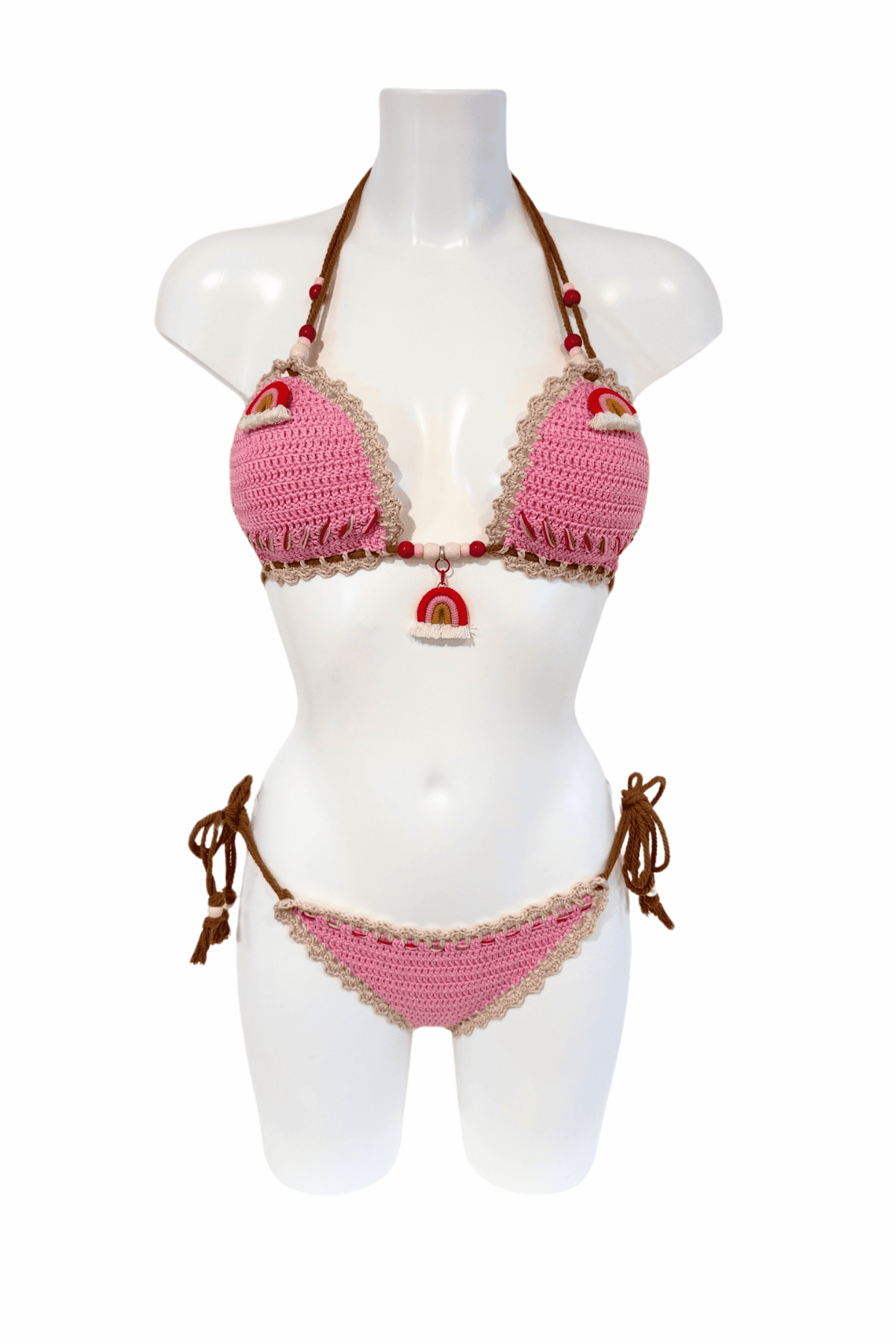 Pink Rainbow luxury crochet bikini, designed and handmade in Switzerland by RA LIVING – exclusive designer beachwear and swimwear for a stylish summer look.