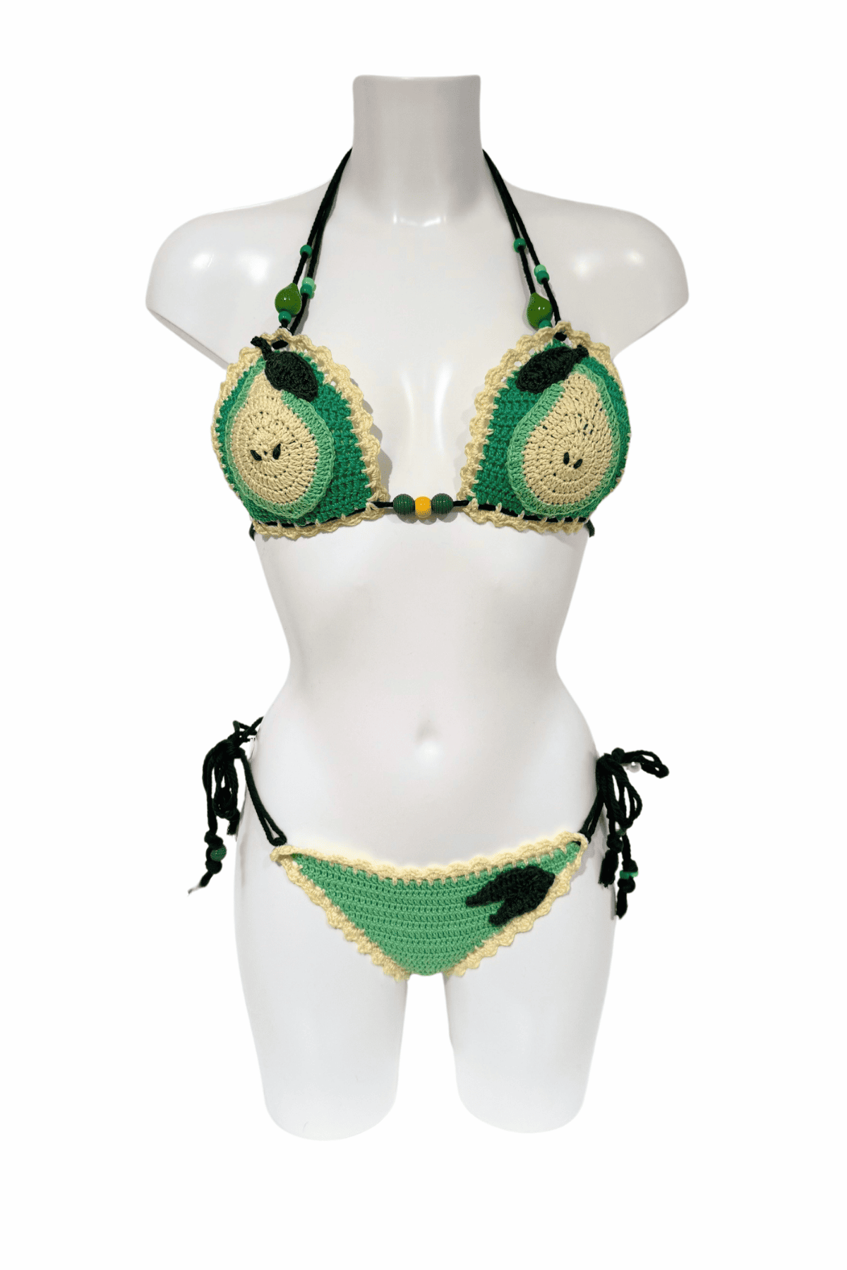 Green Pear luxury crochet bikini, designed and handmade in Switzerland by RA LIVING – exclusive designer beachwear and swimwear for a stylish summer look.