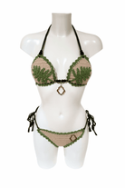 Green Beige Plant luxury crochet bikini, designed and handmade in Switzerland by RA LIVING – exclusive designer beachwear and swimwear for a stylish summer look.