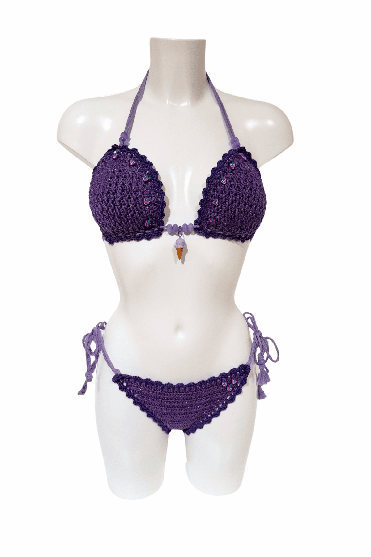 Violet Ice Cream luxury crochet bikini, designed and handmade in Switzerland by RA LIVING – exclusive designer beachwear and swimwear for a stylish summer look.