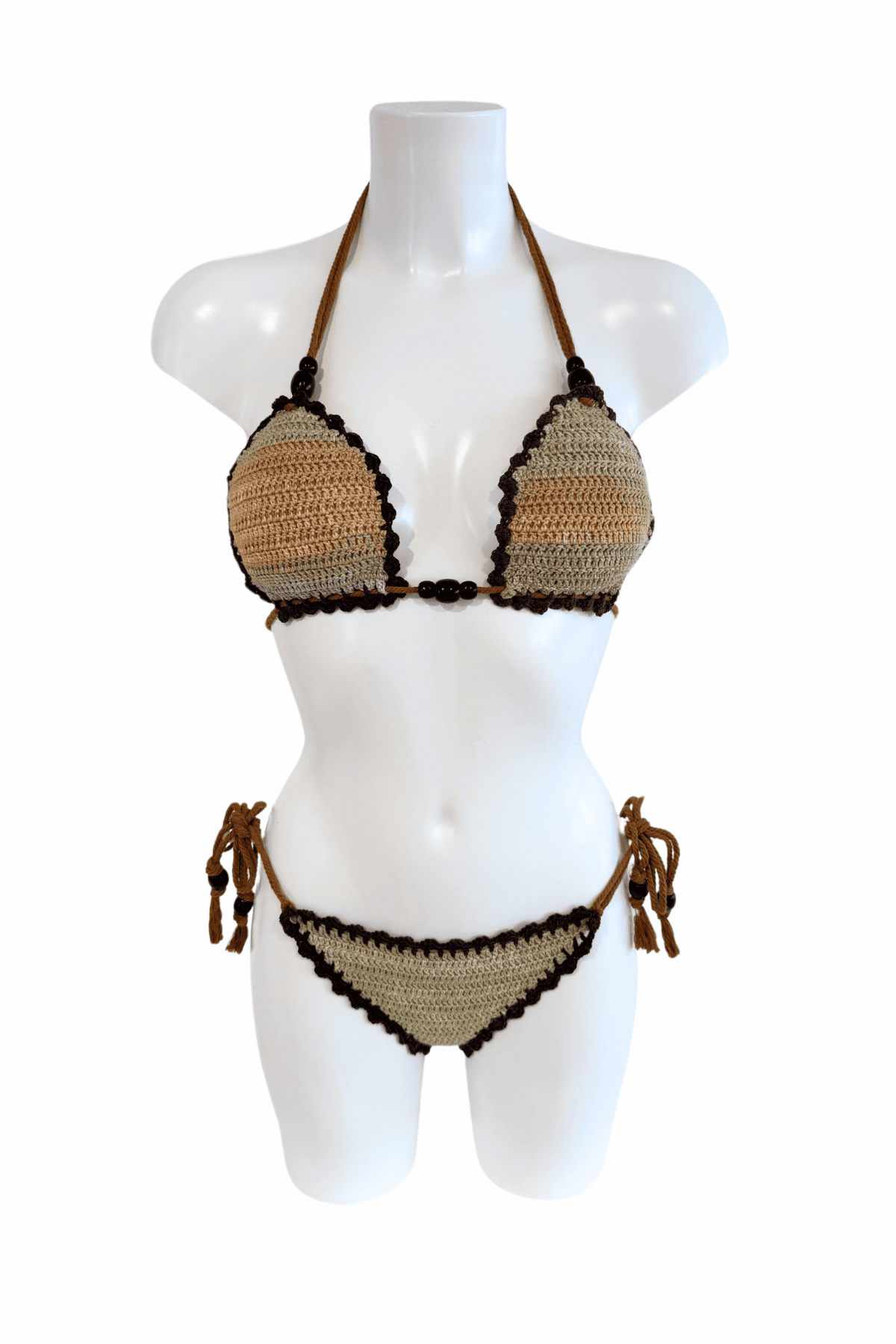 Classic Beige Brown luxury crochet bikini, designed and handmade in Switzerland by RA LIVING – exclusive designer beachwear and swimwear for a stylish summer look.