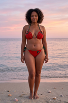 Red Fruit crochet bikini on a curvy model, front view - RA LIVING, handmade in Switzerland