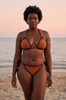 Sun Kissed crochet bikini on a curvy model, front view - RA LIVING, handmade in Switzerland