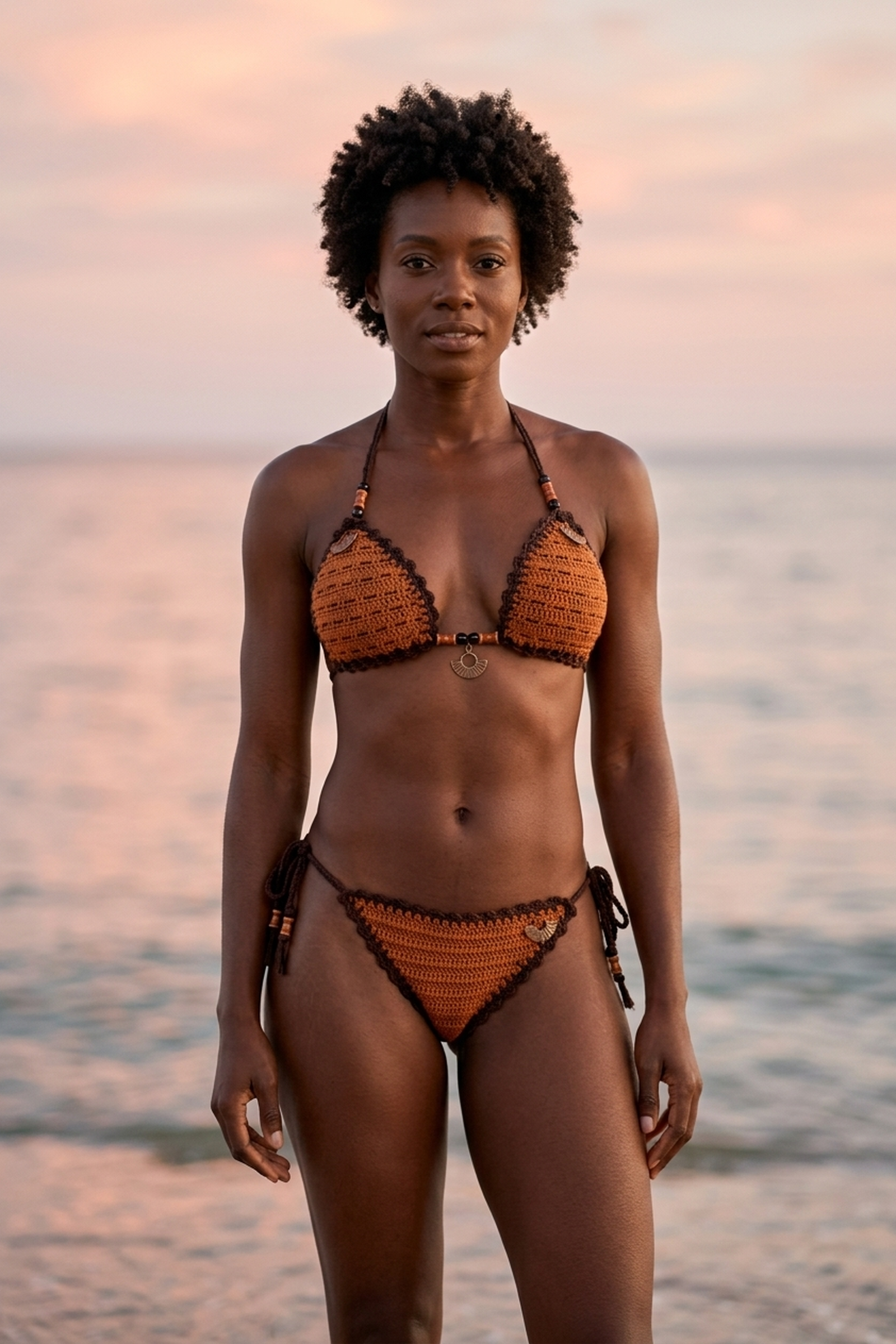 Sun Kissed crochet bikini on a model, front view - RA LIVING, handmade in Switzerland