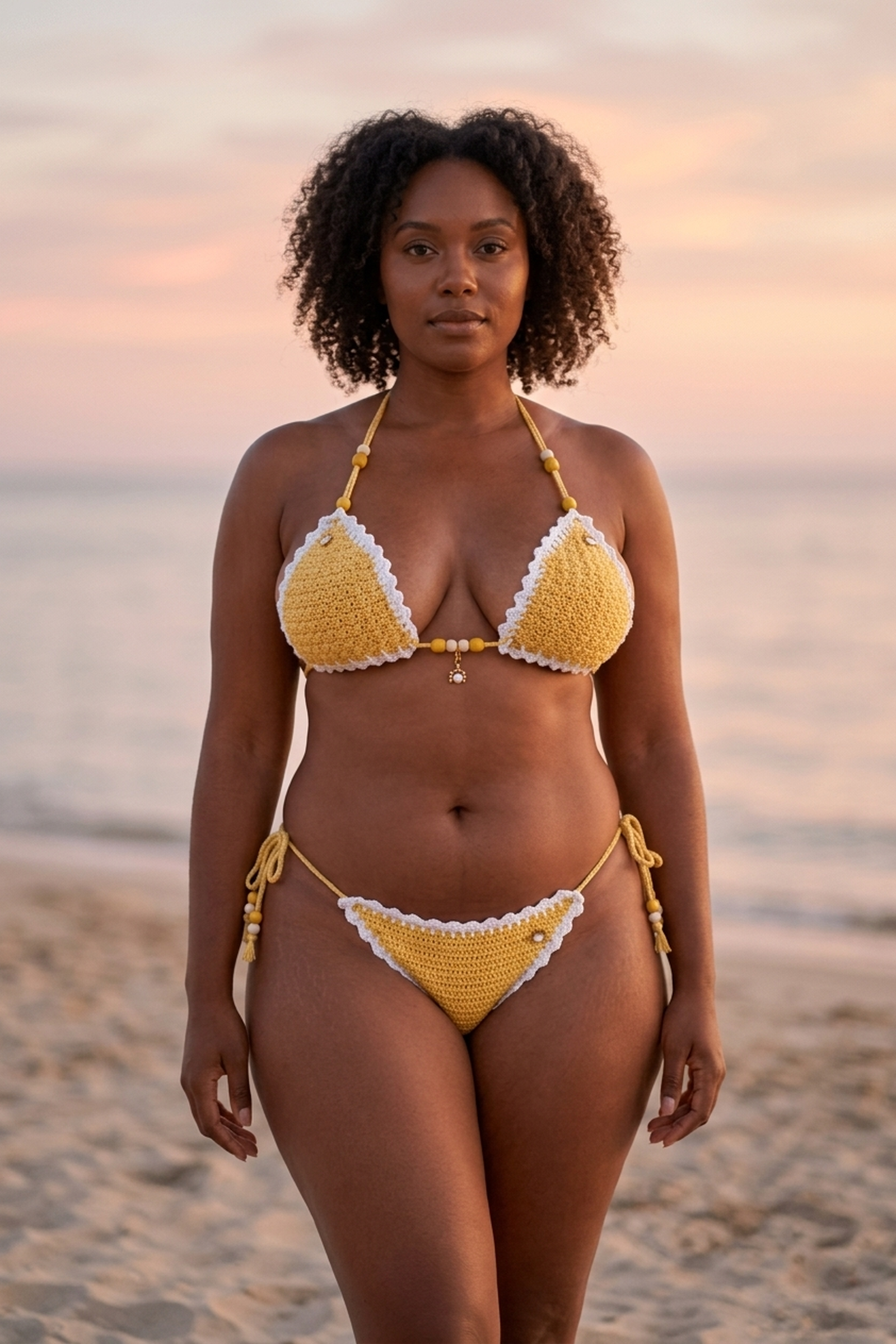 Sunshine crochet bikini on a curvy model, front view - RA LIVING, handmade in Switzerland