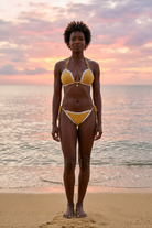 Sunshine crochet bikini on a model, front view - RA LIVING, handmade in Switzerland