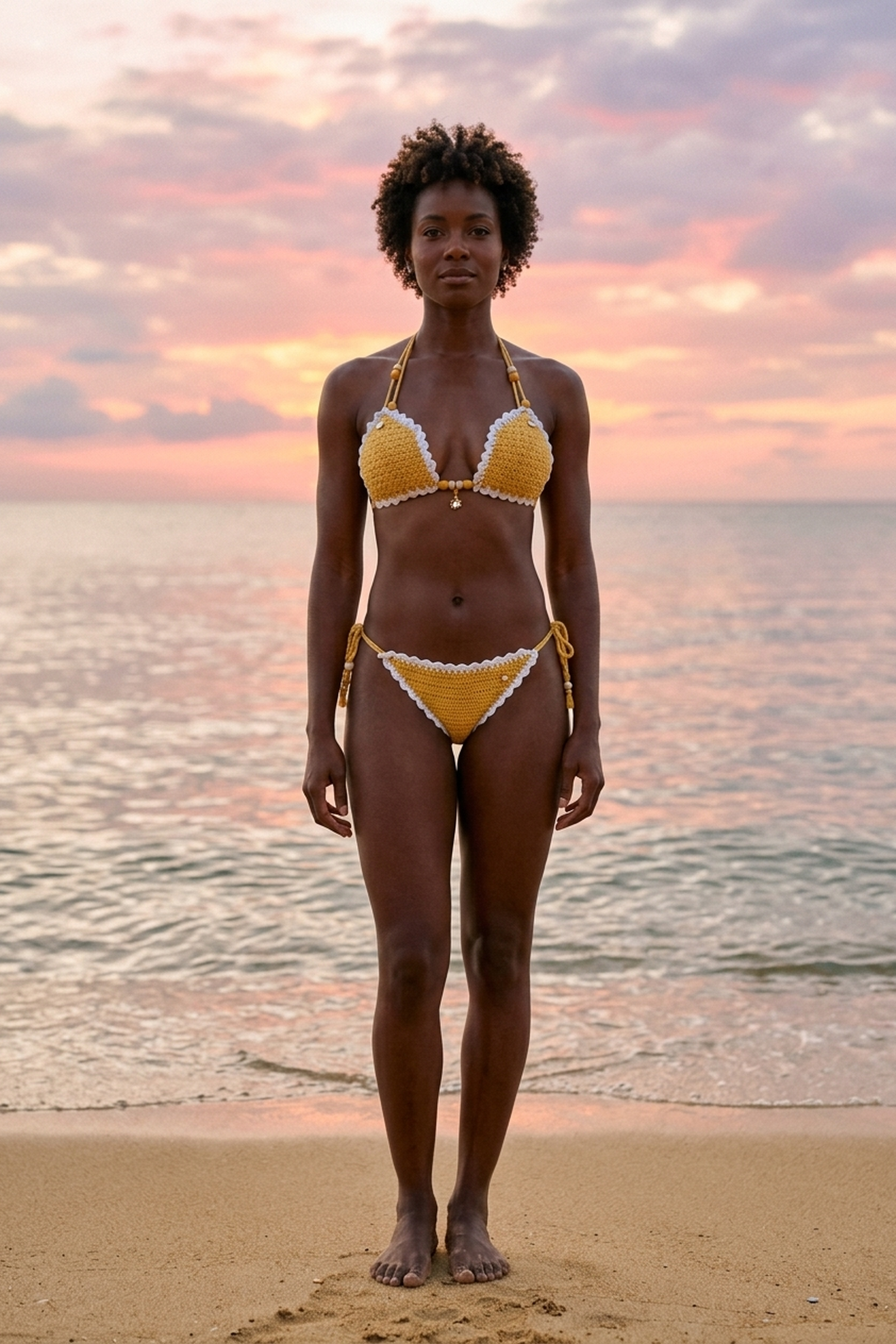 Sunshine crochet bikini on a model, front view - RA LIVING, handmade in Switzerland