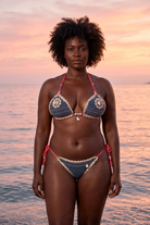 Unicorn crochet bikini on a curvy model, front view - RA LIVING, handmade in Switzerland