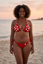 Yachting crochet bikini on a curvy model, front view - RA LIVING, handmade in Switzerland